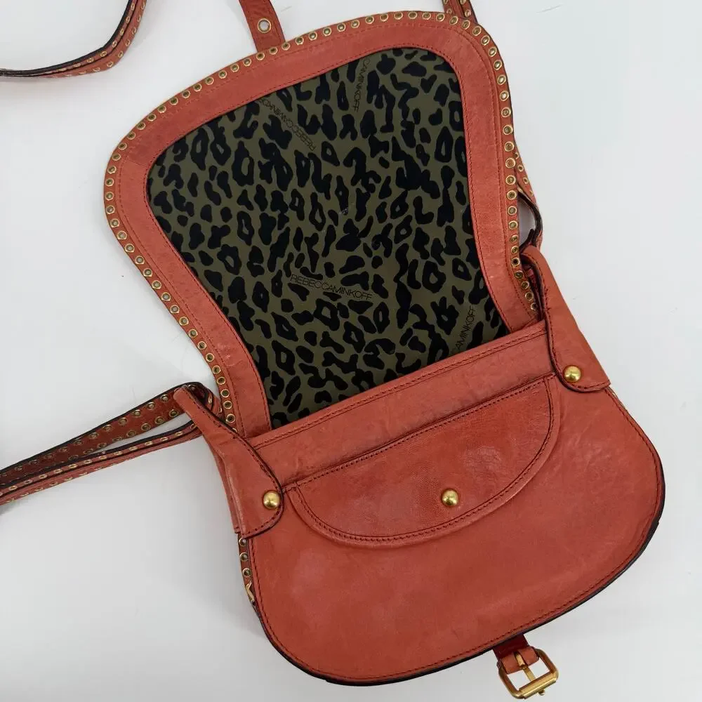 VTG Burnt Orange Leather Studded Crossbody Bag Boho Saddle Purse Rebecca Minkoff